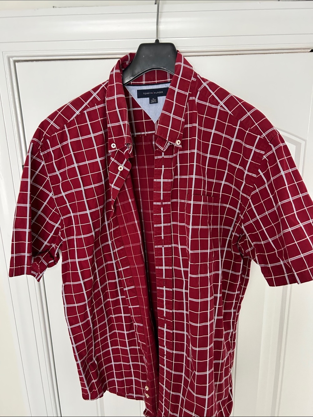 Tommy Hilfiger Red and White Grid Short-Sleeve Button-Down Shirt